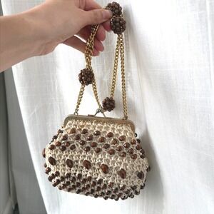 Vintage Beaded Clutch Bag Raffia‎ Crochet Chain Strap Made in Italy Evening Bag